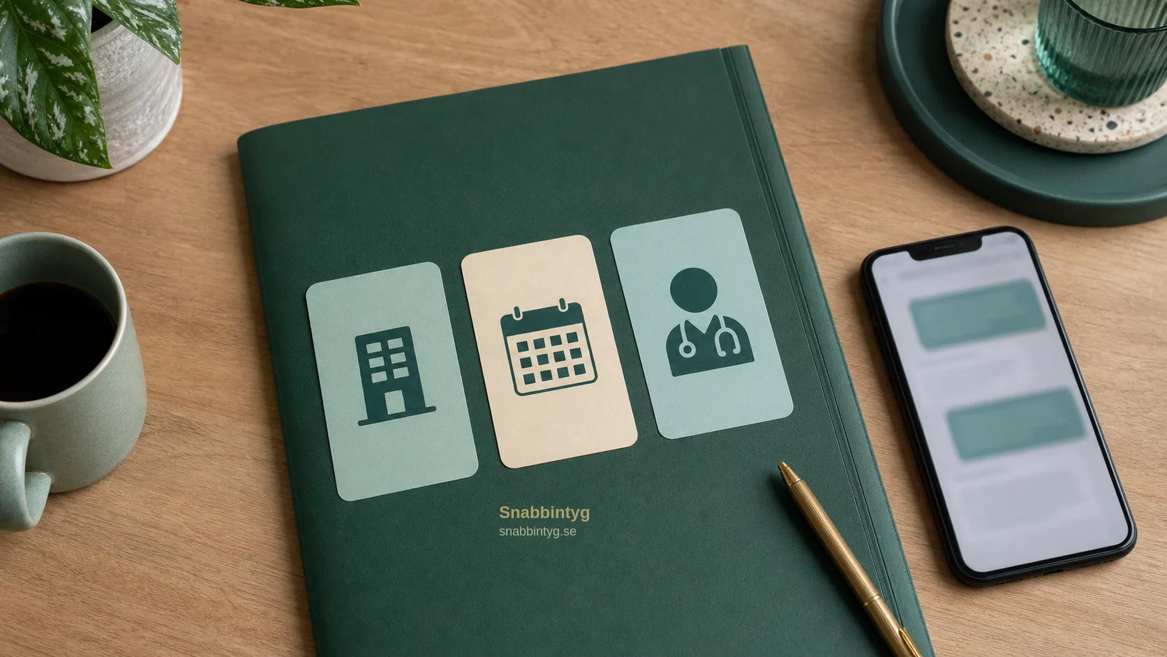 Arbetsgivarens begäran visualiserad med kalender, arbetsplatsikon och intygsmapp.