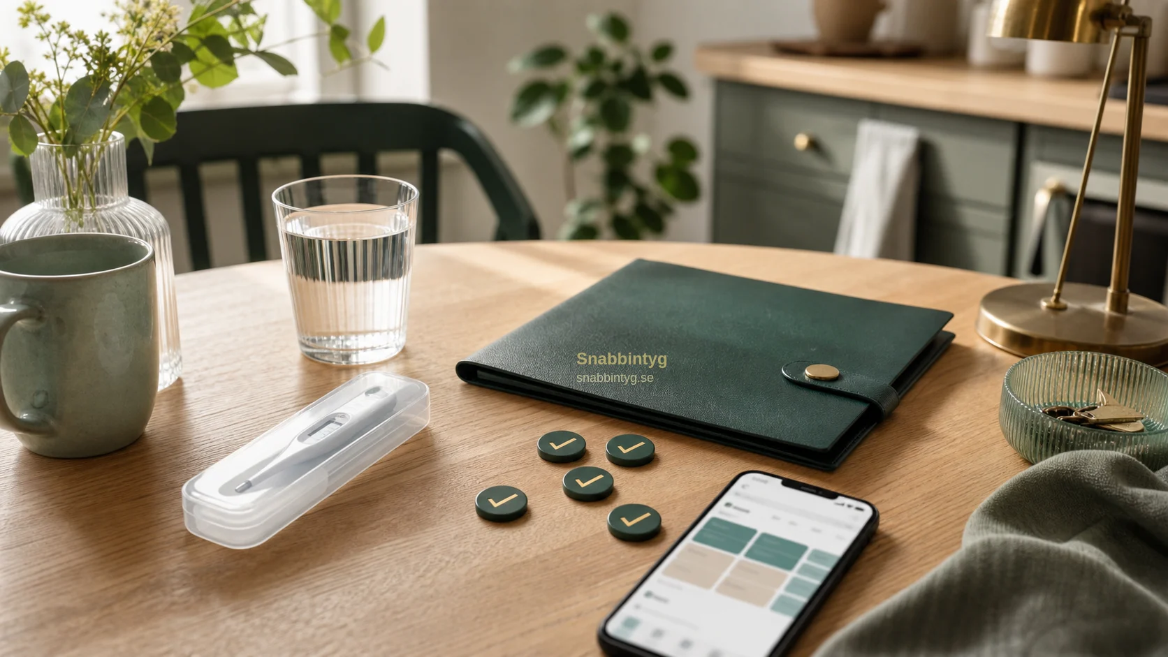 Checklista för förstadagsintyg med sjuktermometer, telefon och grön mapp.