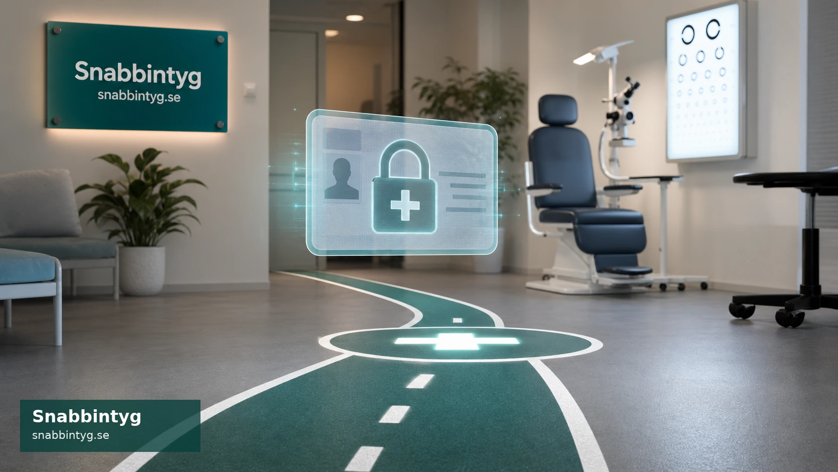 Klinikrum med symbolisk körväg, låst körkortskort och medicinsk kontrollstation.