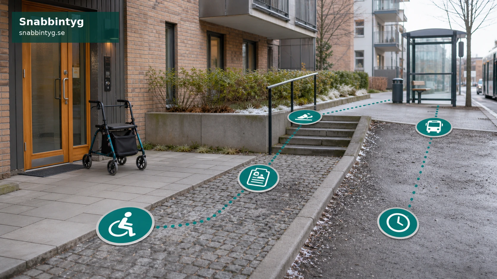 Bostadsentré med rollator och markerad väg till kollektivtrafik.