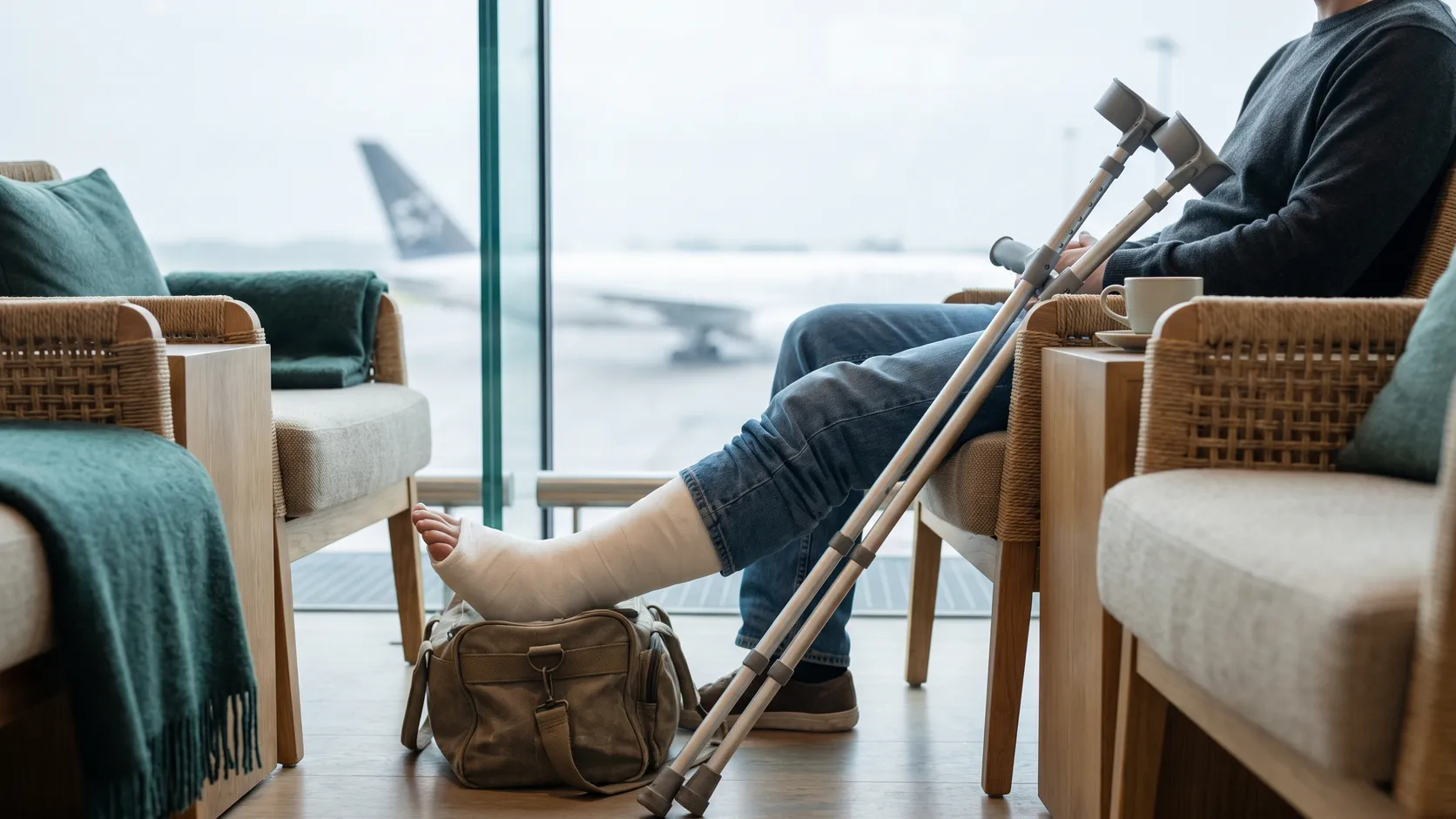 Traveller resting a leg in a cast on a carry-on bag in an airport lounge.