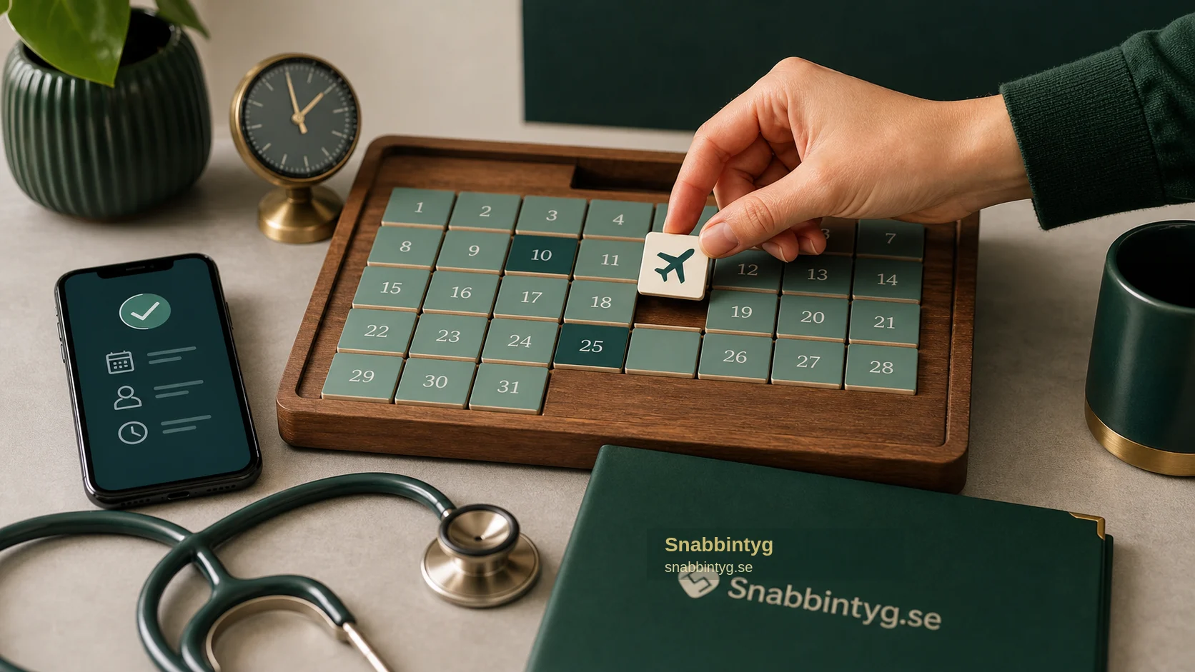 Kalender, bokningsmobil, flygsymbol och Snabbintyg-mapp inför Fit to Fly-bedömning.
