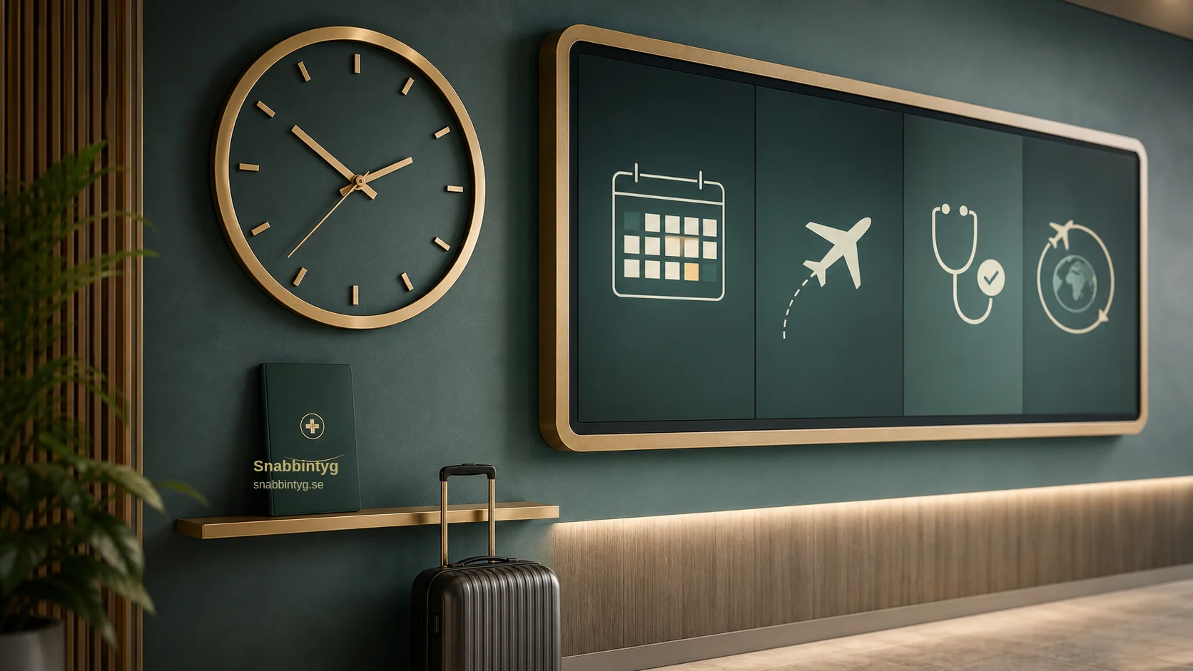 Kalender, klocka och resepanel som visar att Fit to Fly-intyg är tidsberoende.