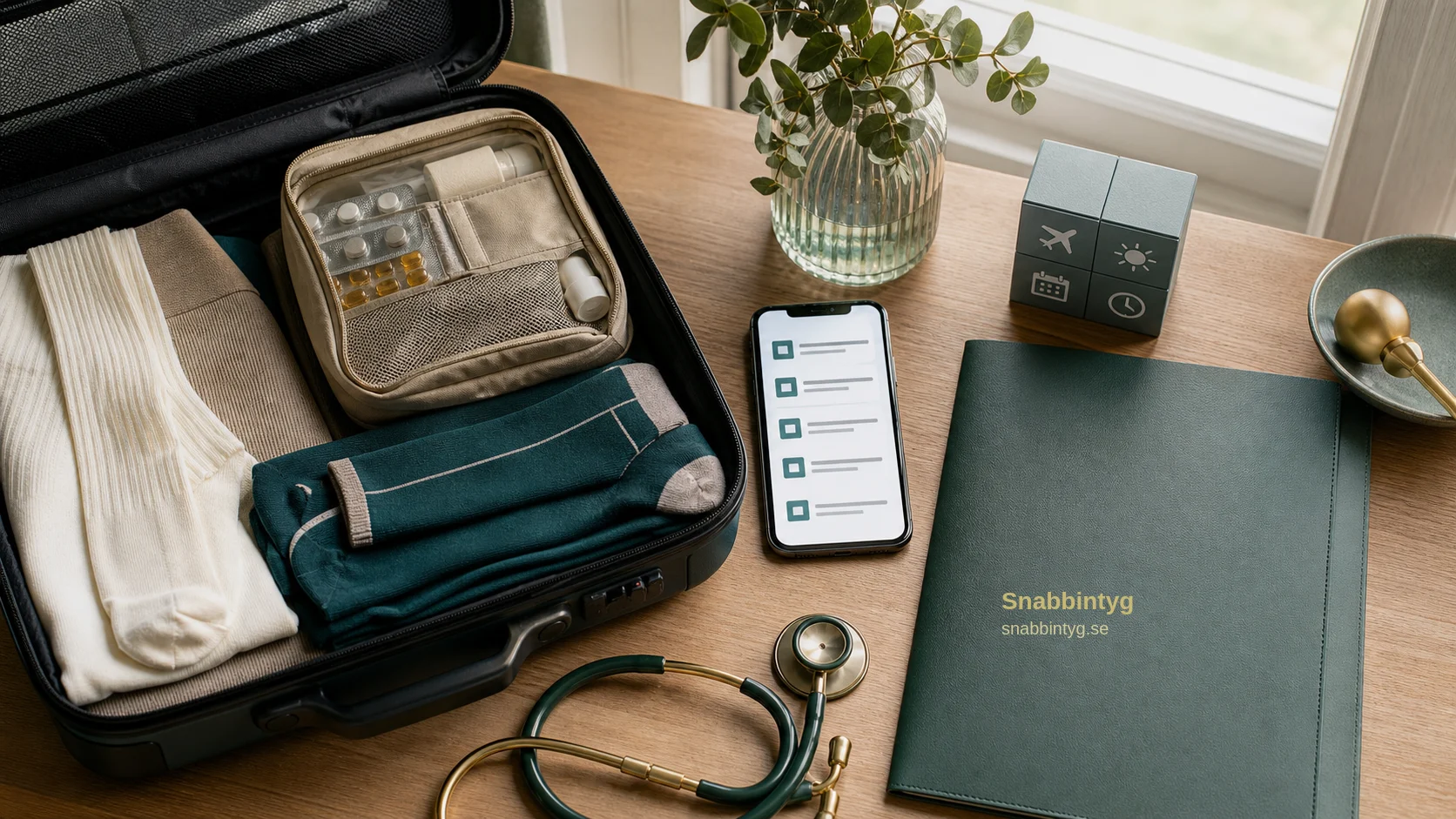 Reseförberedelser med medicinväska, kompressionsstrumpor, mobil och Snabbintyg-mapp.