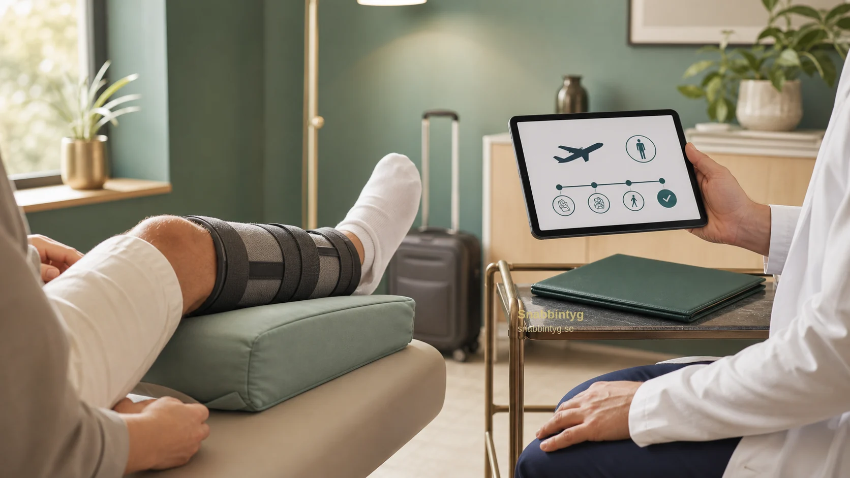 Postoperativ kontroll inför flygresa med benstöd, medicinsk surfplatta och reseförberedelser.