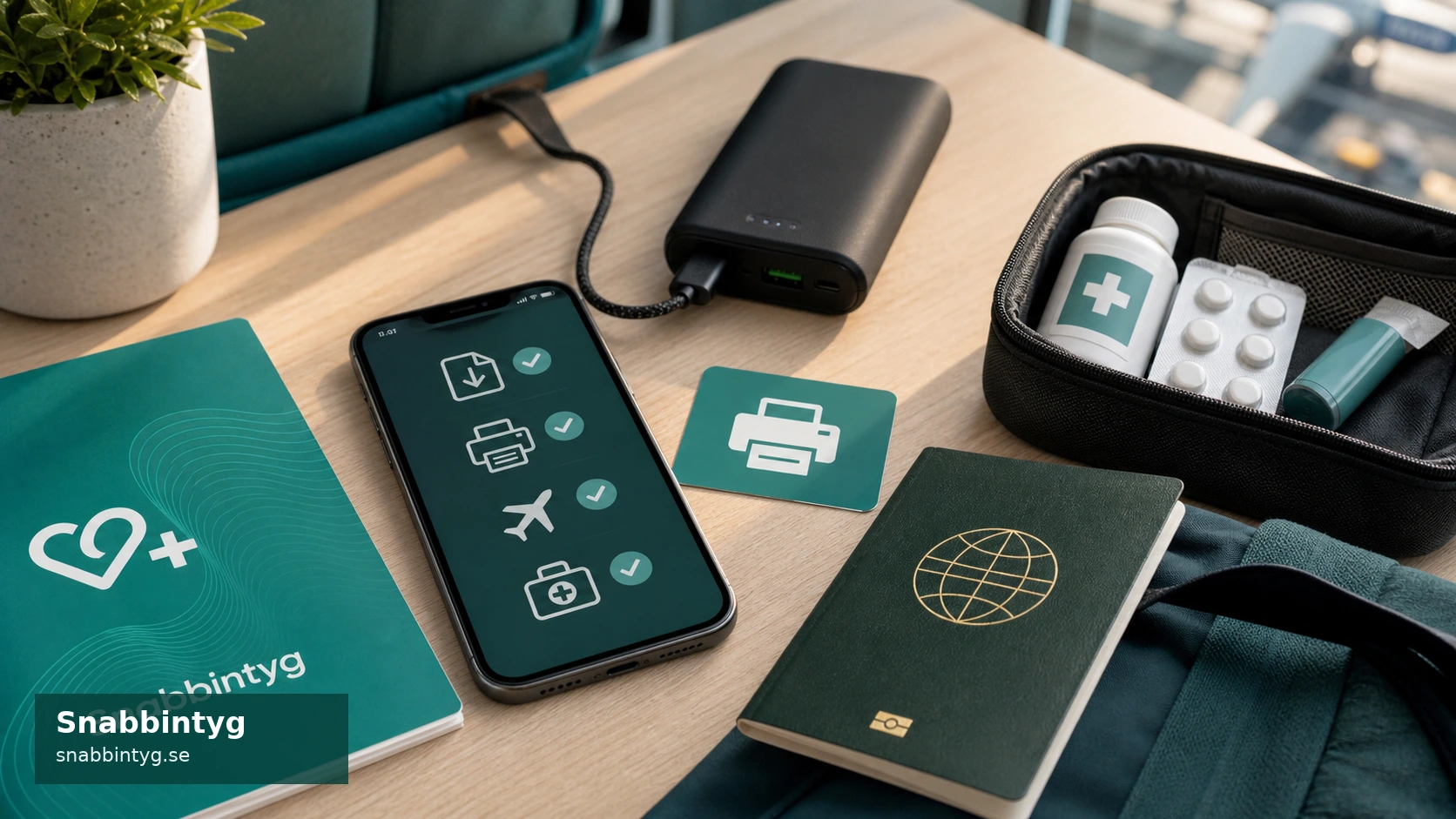 Mobil checklista, powerbank, läkemedel och Snabbintyg-mapp inför resa med digitalt intyg.