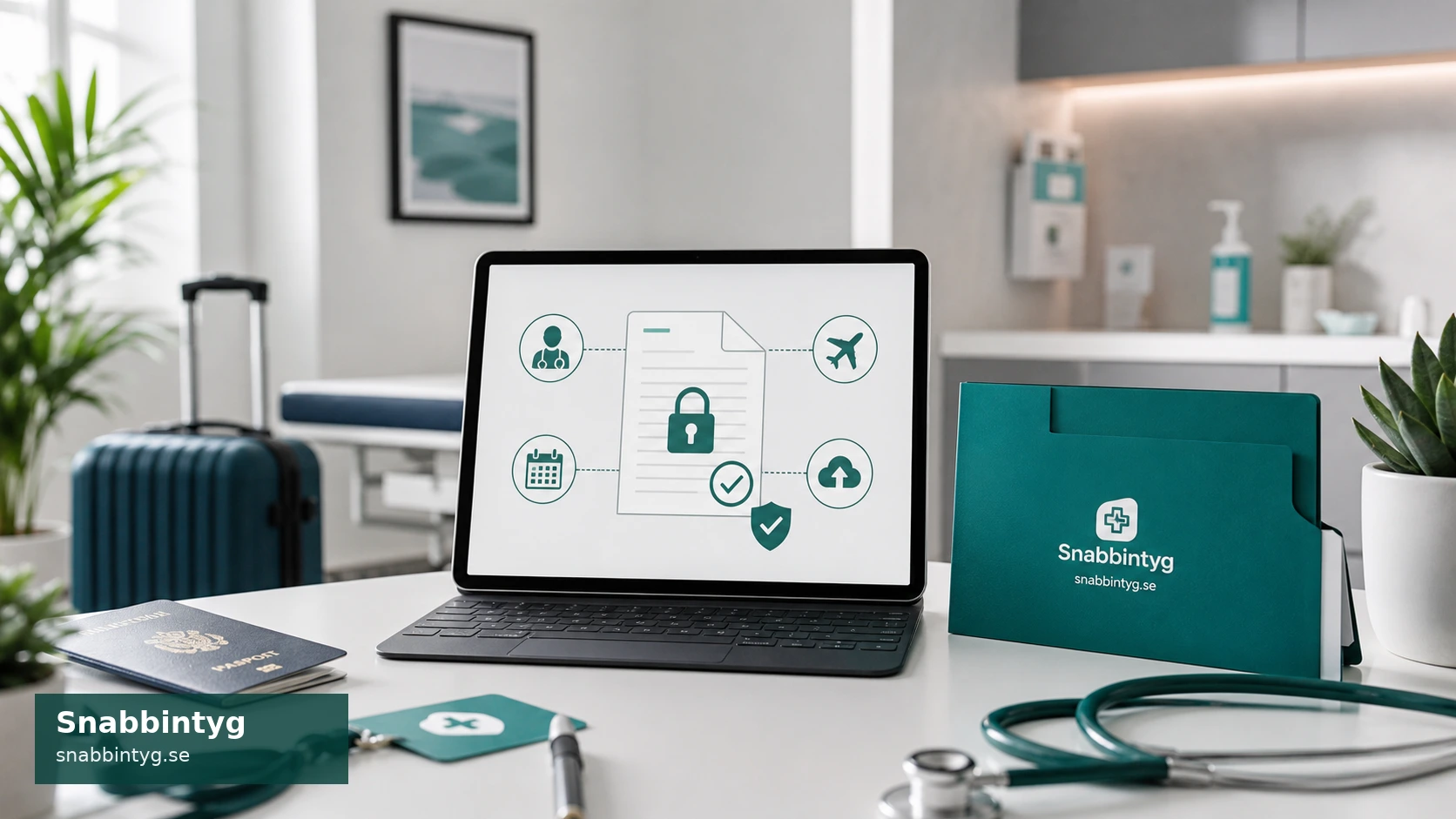 Säker digital leverans av Fit to Fly-intyg som PDF med rese- och vårdsymboler.