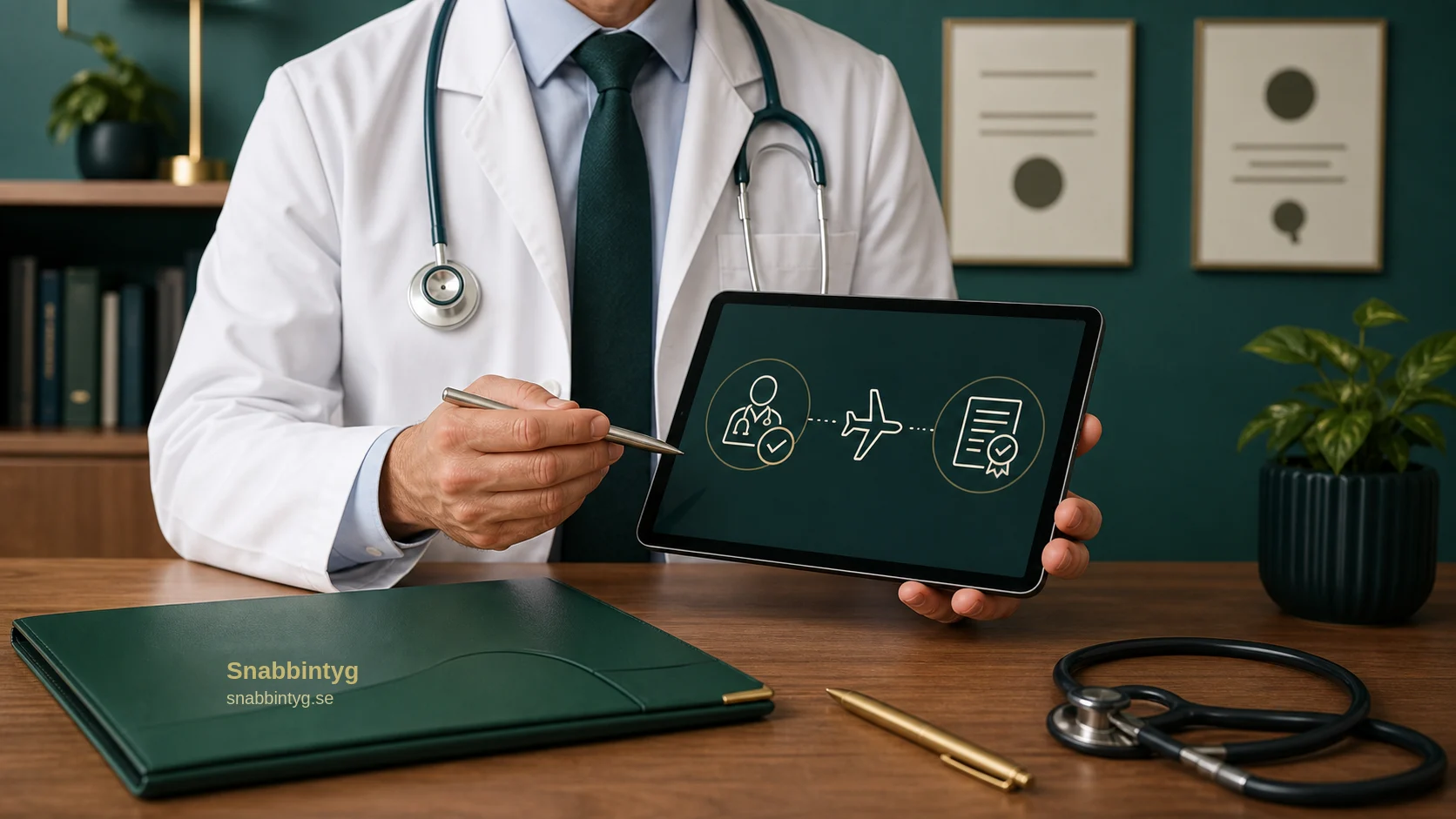Läkare med digitala symboler för flygintyg och medicinsk klarering.