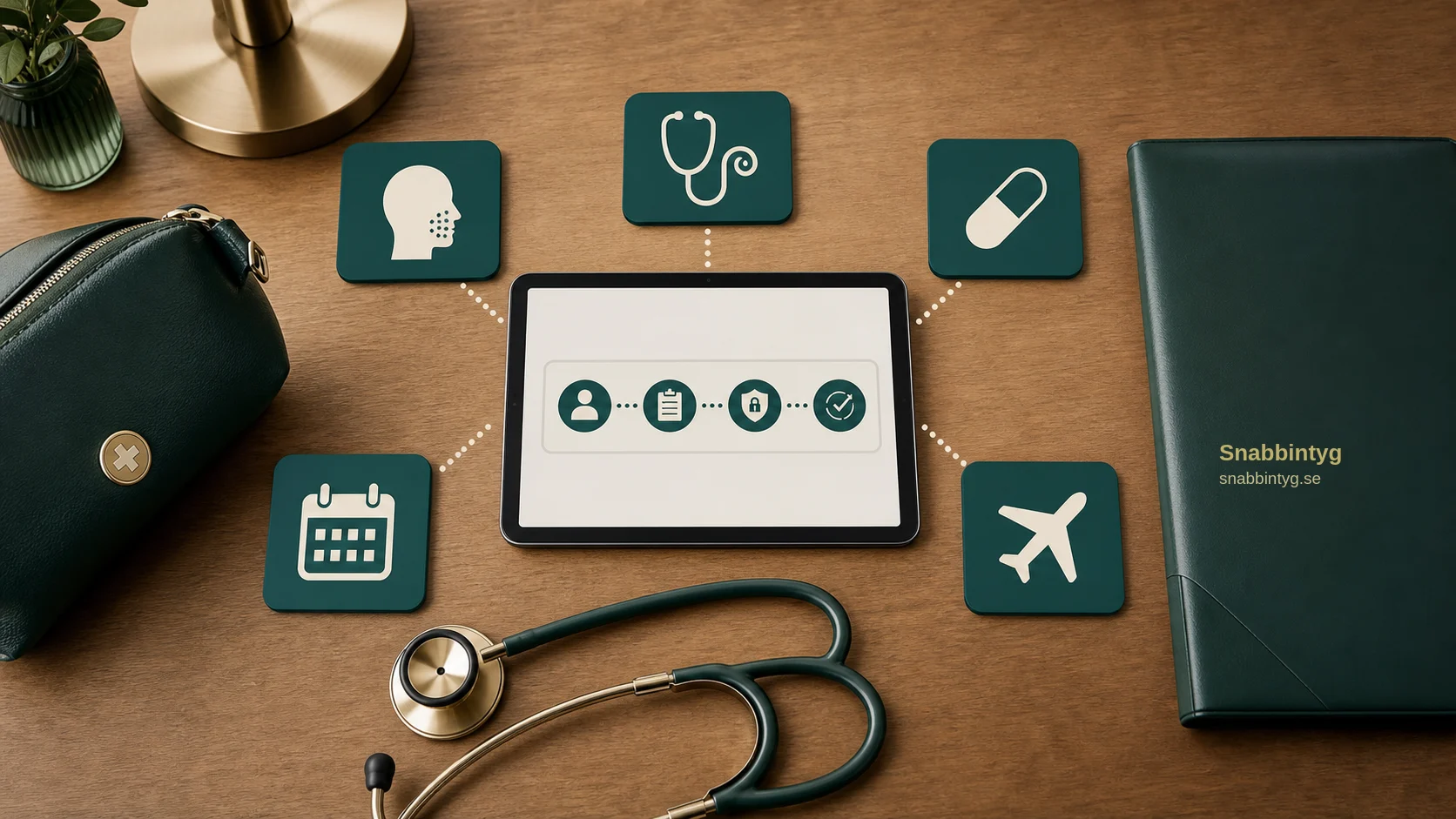 Medicinskt underlag som ikonblock för symtom, läkemedel, datum och flygresa.