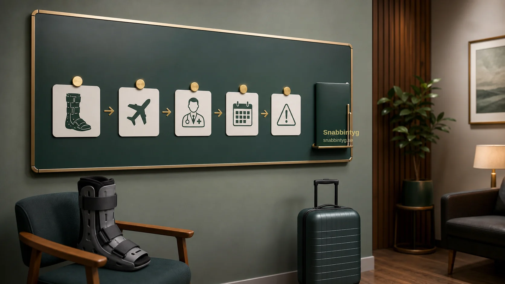 Beslutstavla med symboler för fraktur, flygresa, läkare och resedatum.