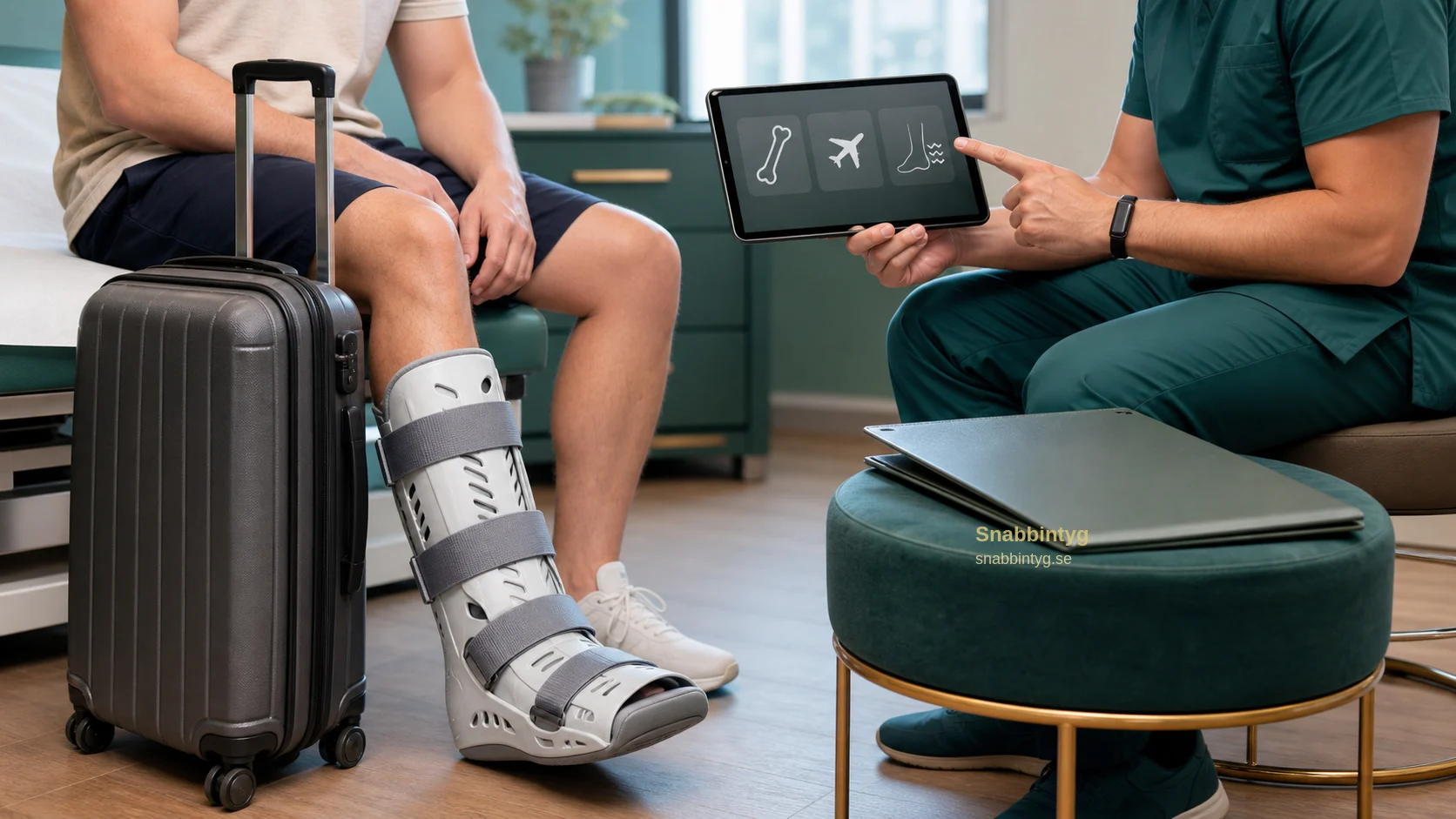 Ortos, reseväska och medicinsk bedömning inför flygresa efter fraktur.