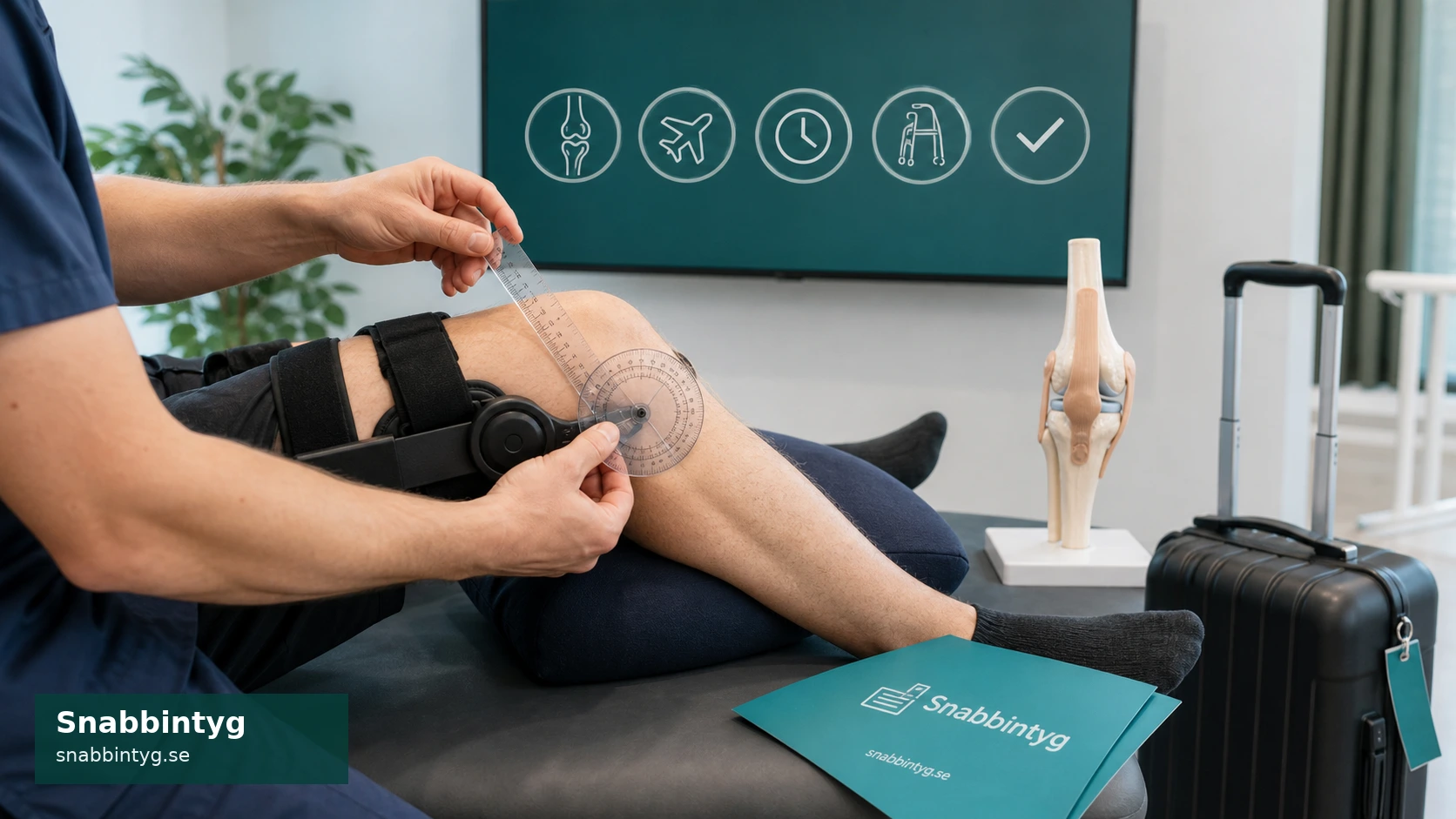 Ortopedisk knäbedömning inför flygresa med goniometer, knämodell och reseväska.