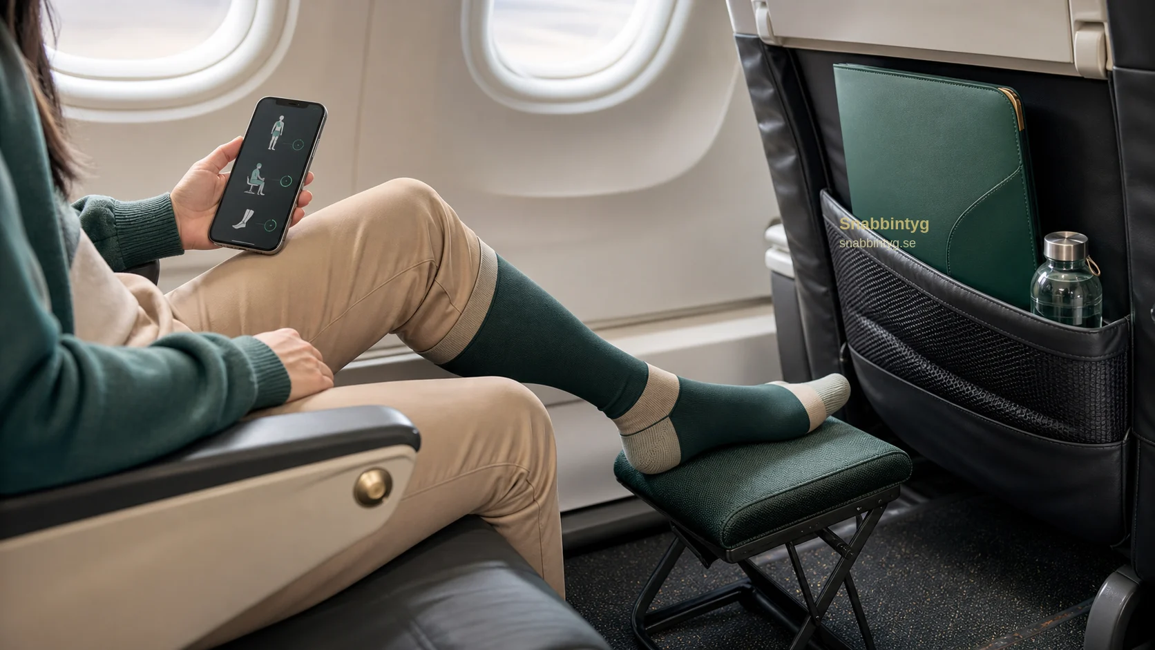 Flygplanssäte med kompressionsstrumpor och rörelsepåminnelser inför resa efter operation.