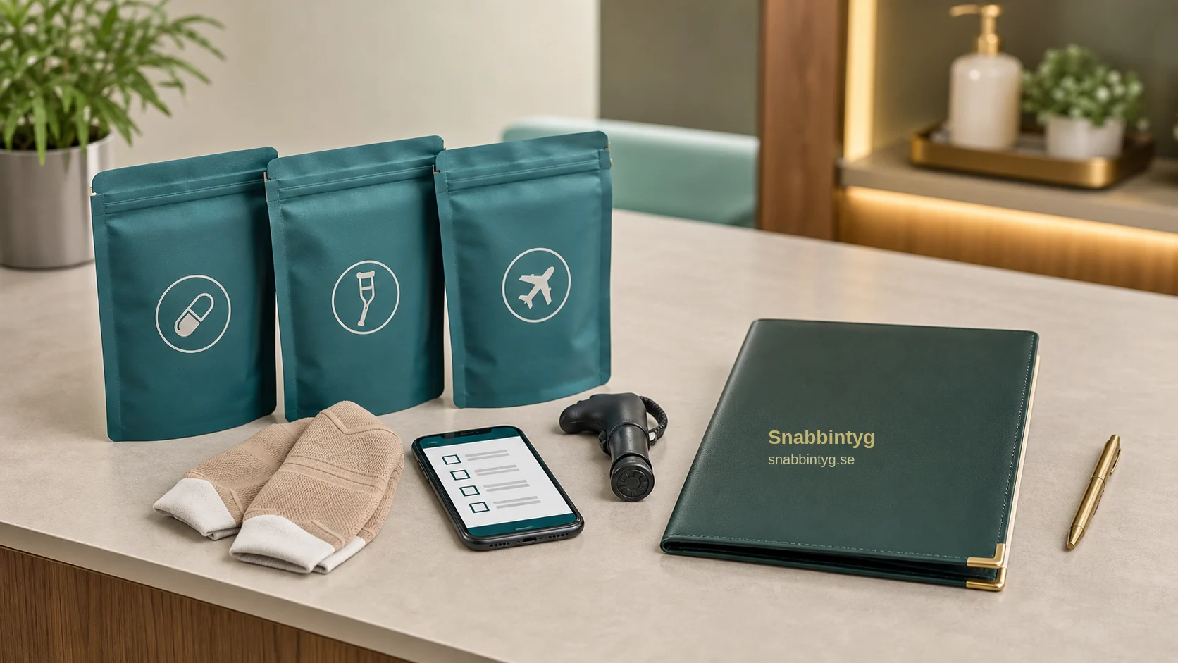 Checklista inför flygresa efter operation med läkemedel, kompressionsstrumpor och Snabbintyg-mapp.