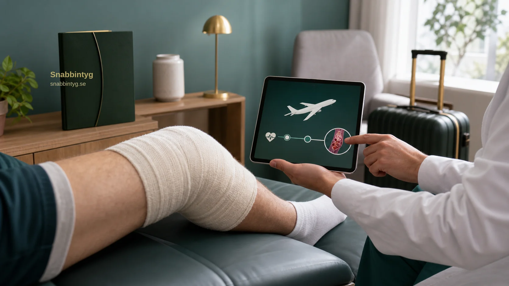 Förberedelse inför flygresa efter operation med bandagerat ben, reseväska och medicinsk surfplatta.
