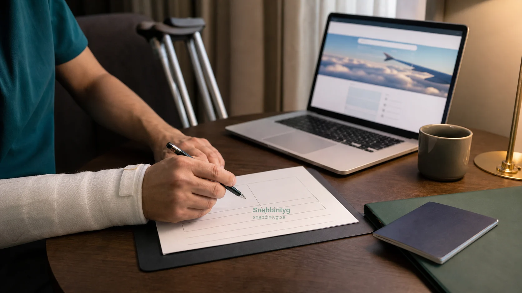 Fit to fly-bedömning med gips, resehandlingar och digitalt medicinskt underlag.