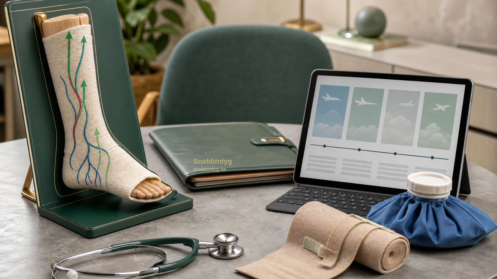 Gipsad fot med medicinsk kontroll för svullnad och cirkulation före flygresa.