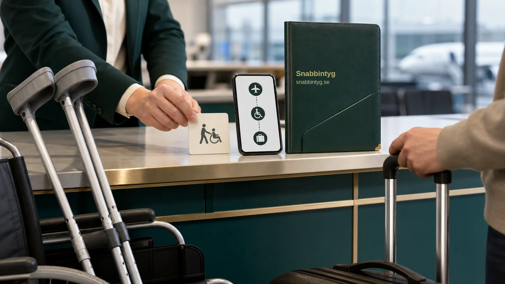 Flygplatsassistans med kryckor, rullstol, disk och medicinsk intygsmapp.