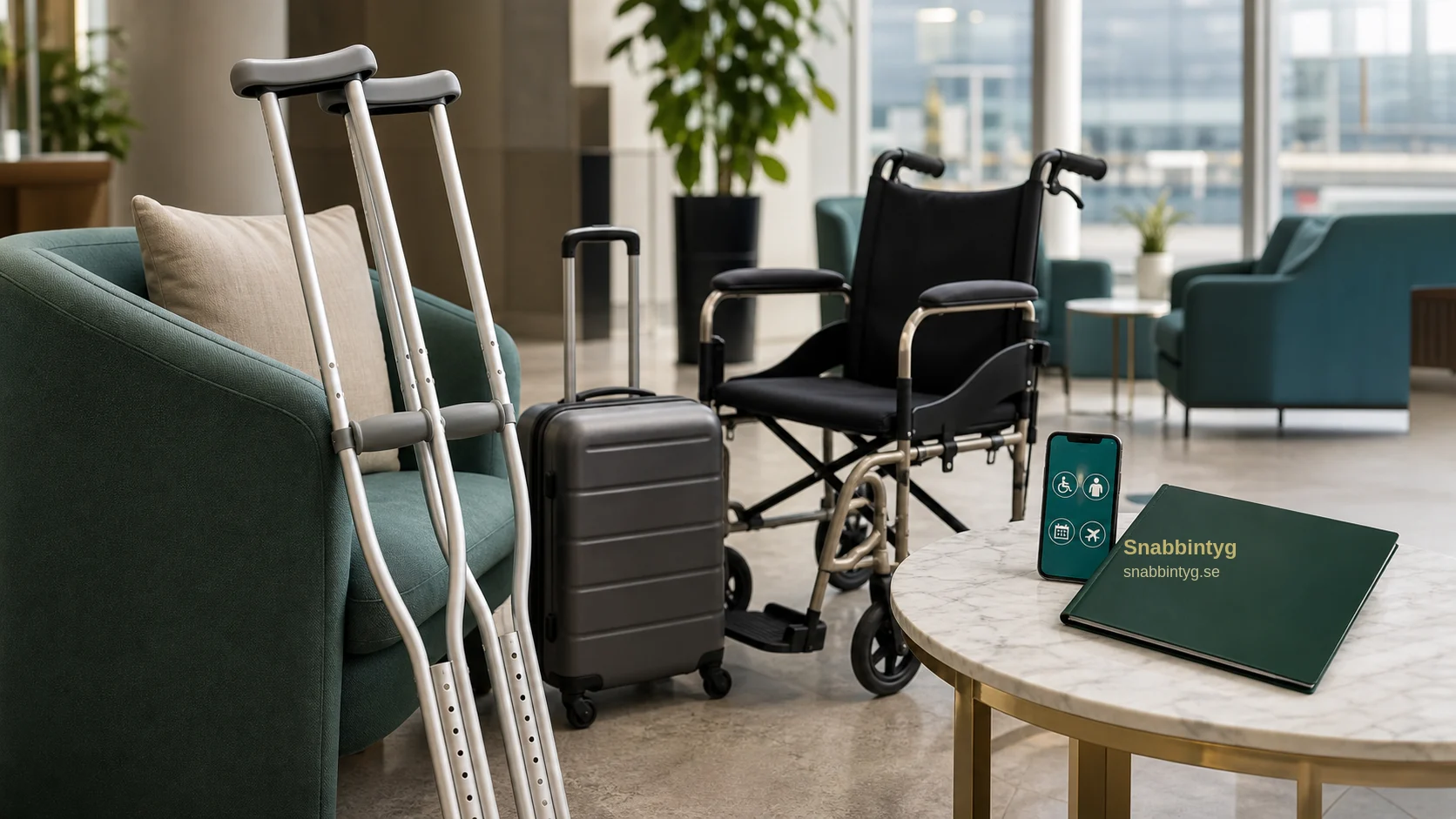 Kryckor, rullstol och reseväska vid flygplatsassistans inför flygresa.