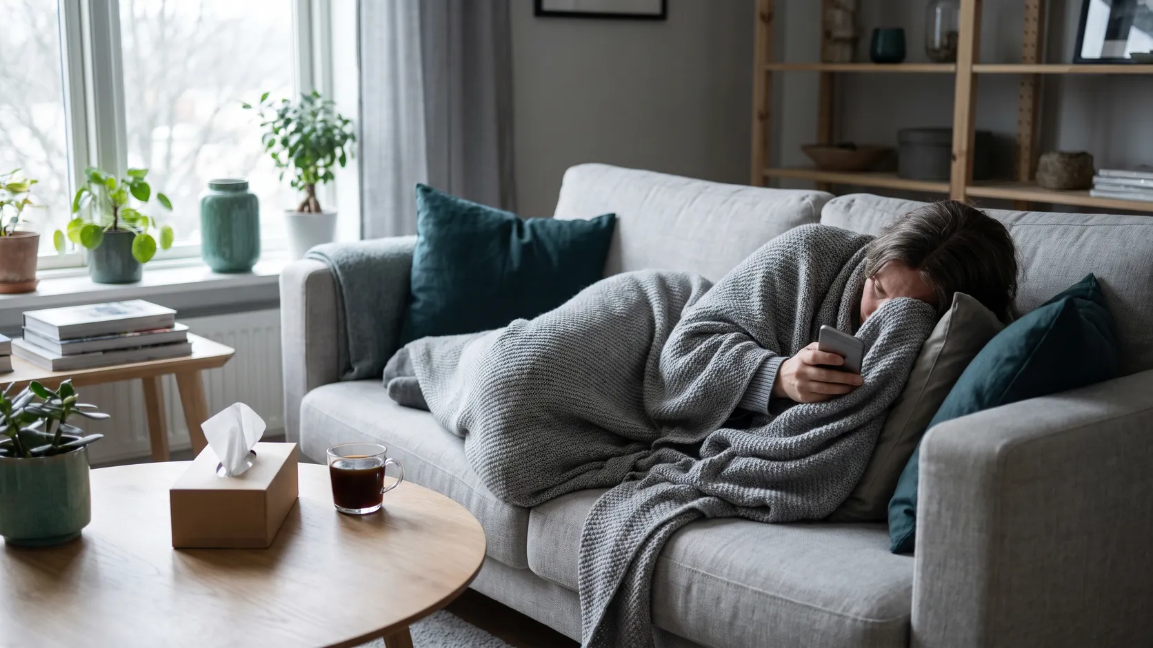 Sjuk person i soffan med filt, te och mobil.