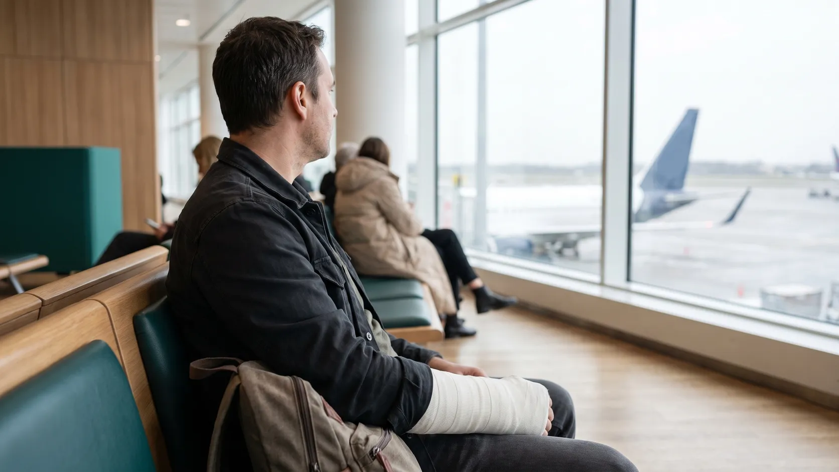Resenär med gipsad arm vid gaten på en flygplats.
