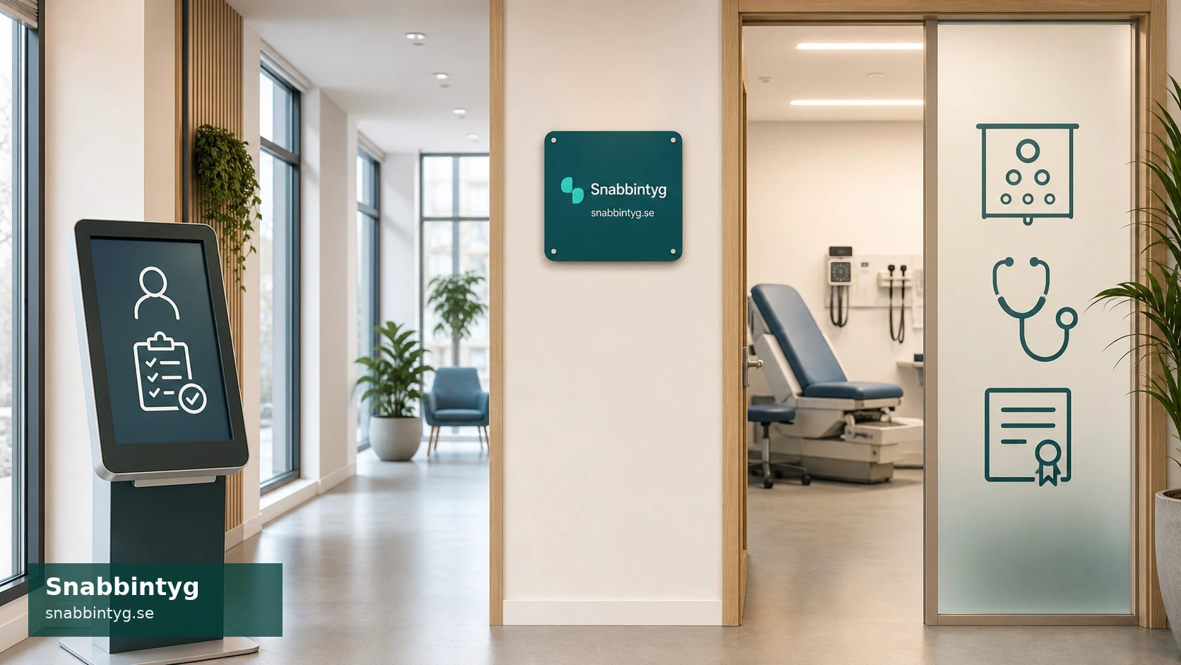 Klinikkorridor med två vägar för hälsodeklaration respektive läkarintyg.