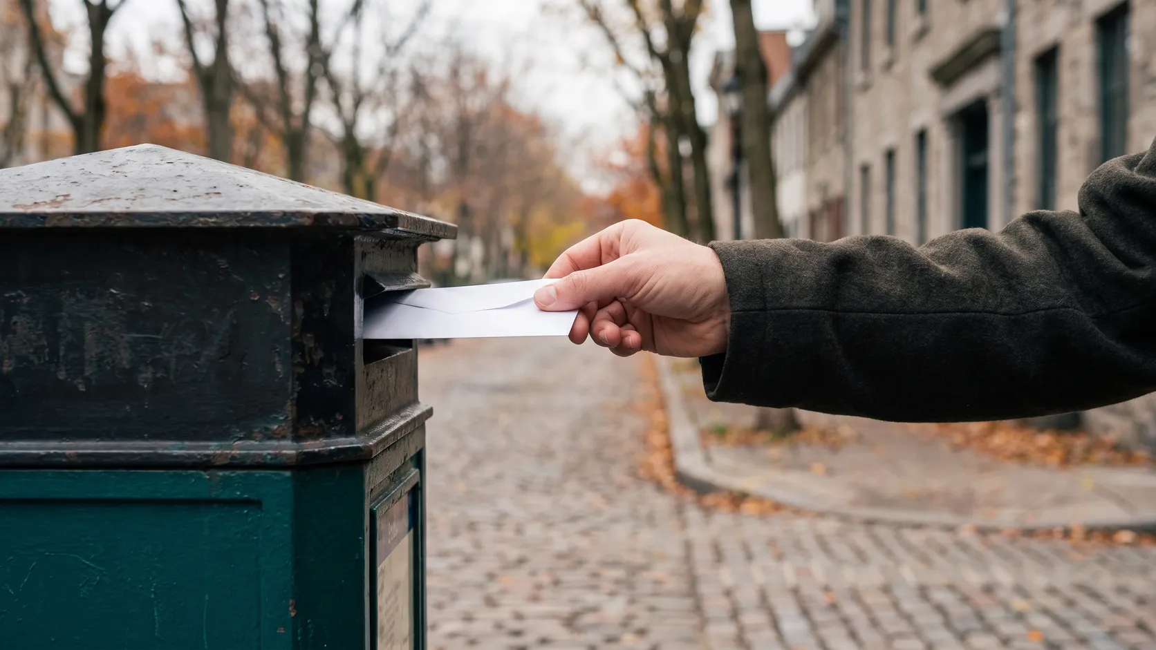 Hand lägger ett brev i en brevlåda.