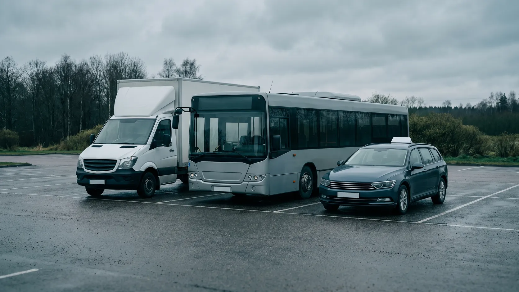 Lastbil, buss och taxibil parkerade bredvid varandra.