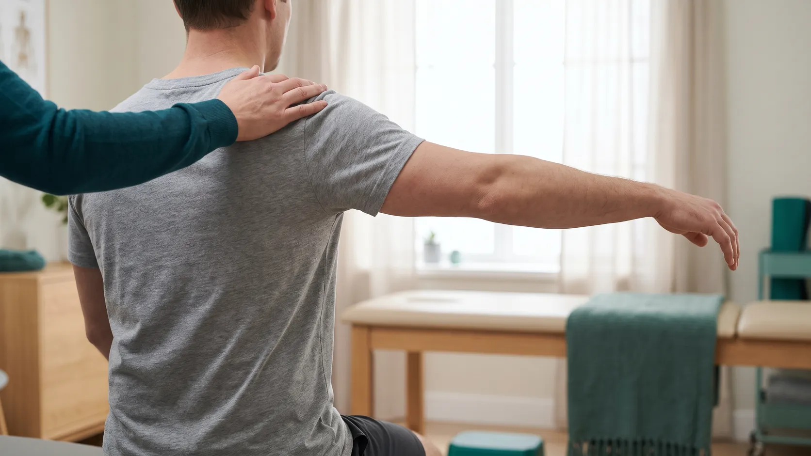 Läkare undersöker hur högt en patient kan lyfta armen efter en axelskada.