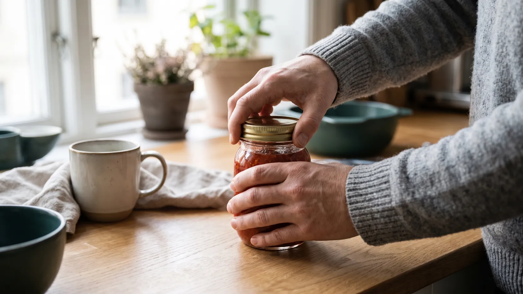 Hand som skruvar av locket på en glasburk i ett kök.