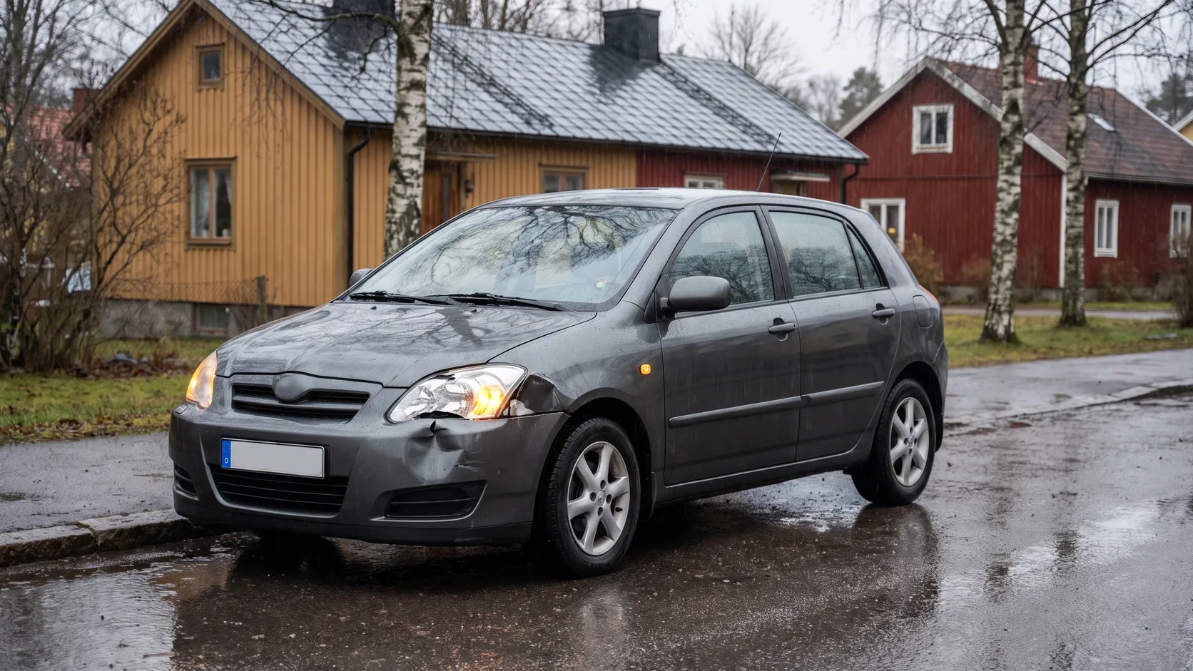 Parkerad bil med en buckla i fronten på en regnig gata efter en trafikolycka.