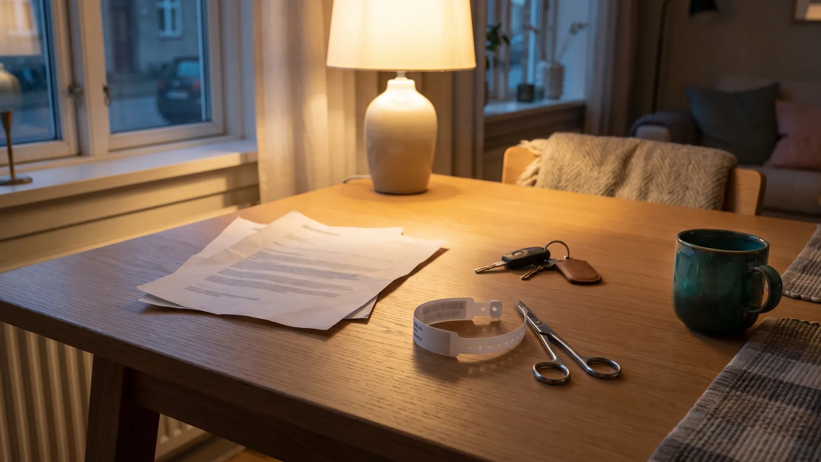 Utskrivningspapper, patientarmband och bilnycklar på ett köksbord efter akutbesöket.