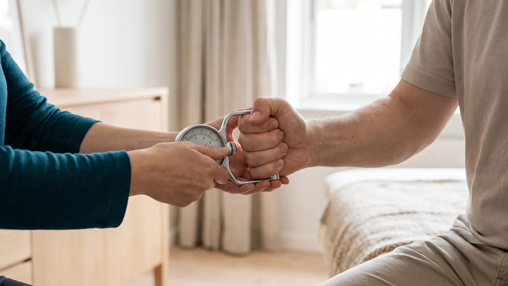 Patient klämmer på en greppstyrkemätare under en ortopedisk bedömning.