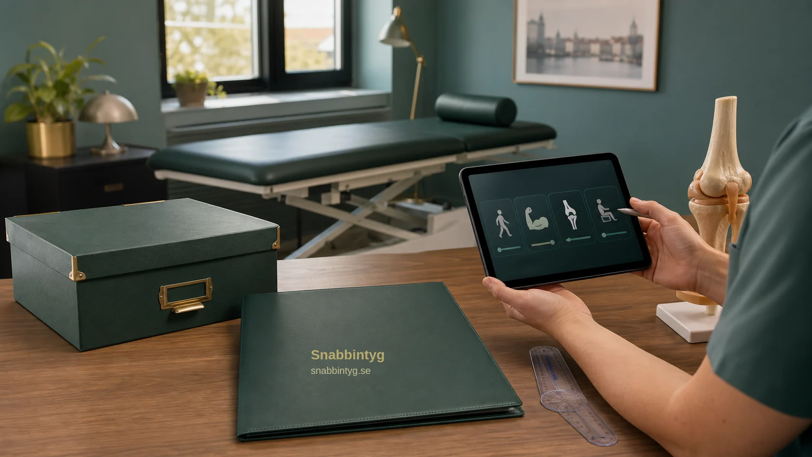 Funktionsbedömning för invaliditetsintyg med ledmodell och digitala bedömningssymboler.