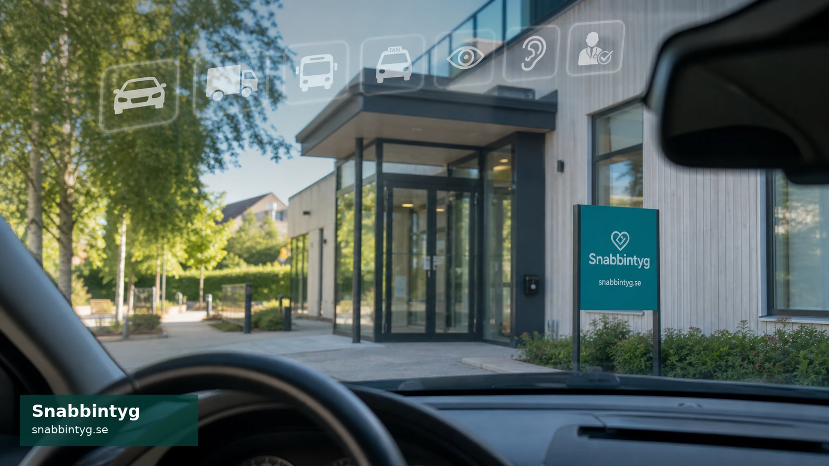 Bilinteriör framför klinikentré med körkortsmedicinska symboler på vindrutan.