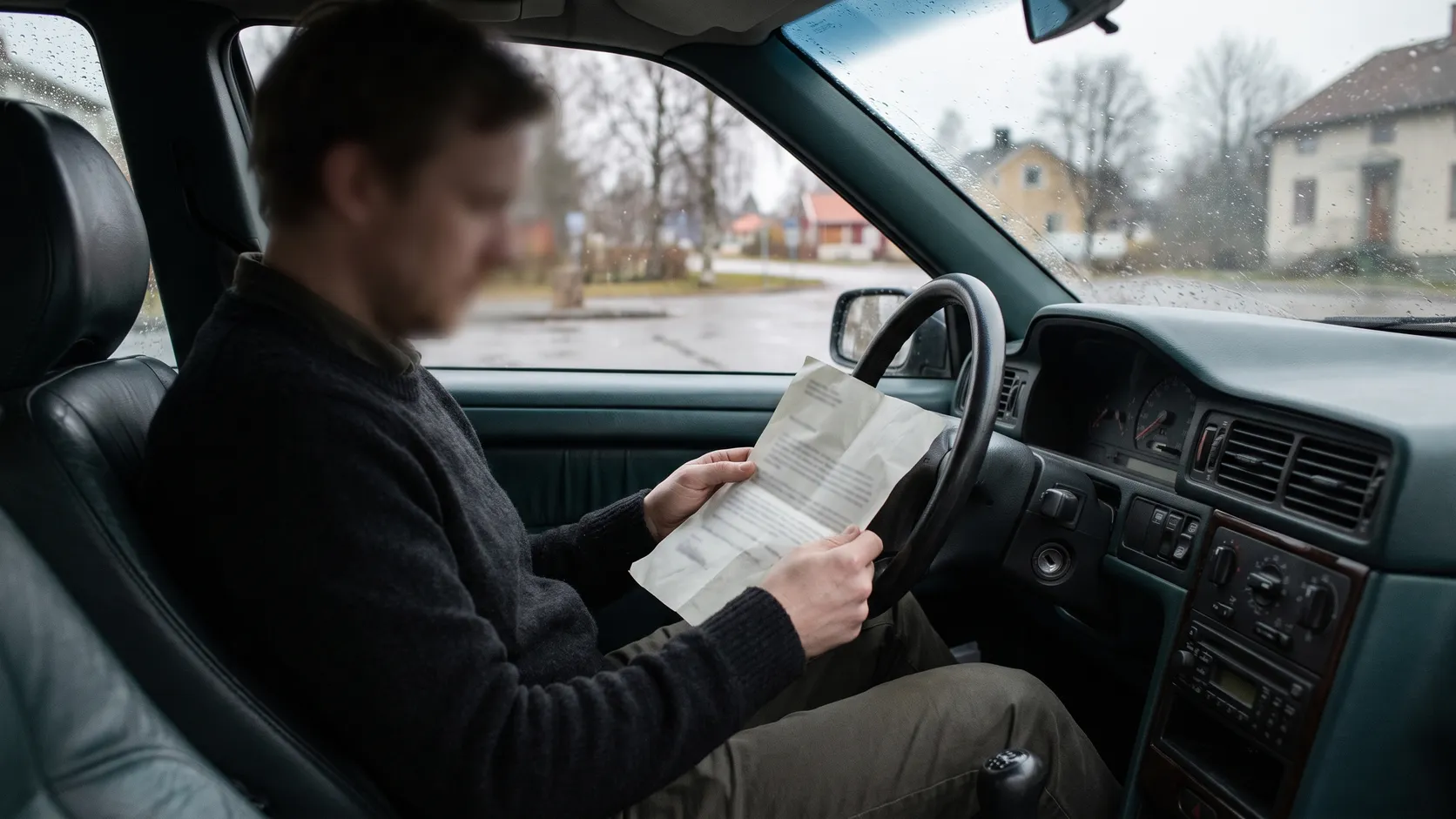 Person läser ett brev i förarsätet på en parkerad bil.