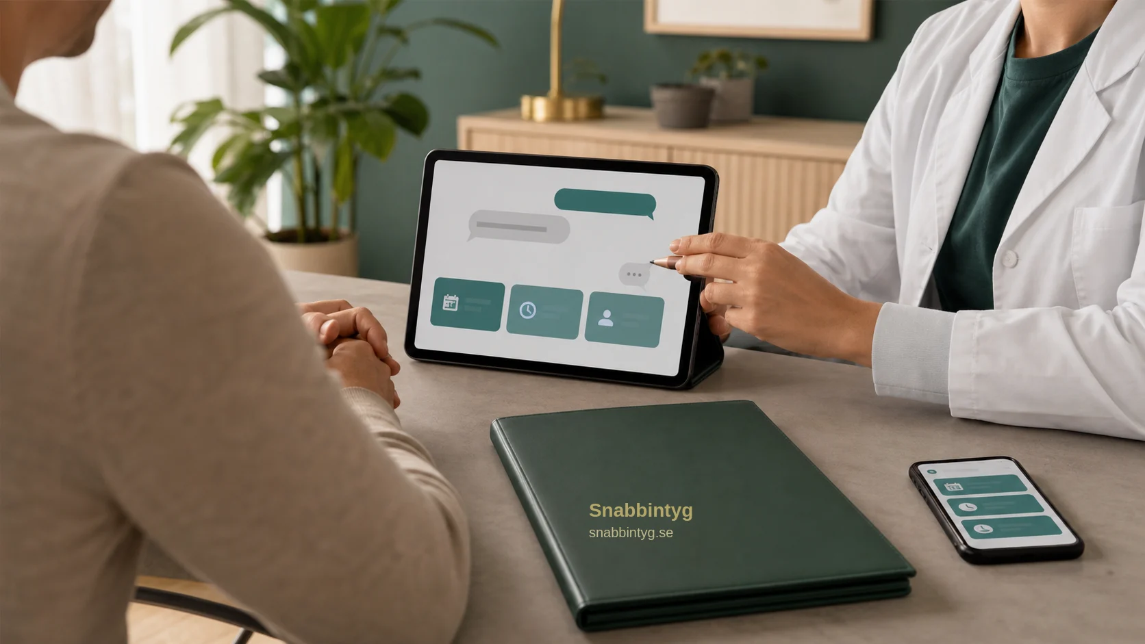 Neutral läkarkonsultation med språkstöd och stängd intygsmapp.