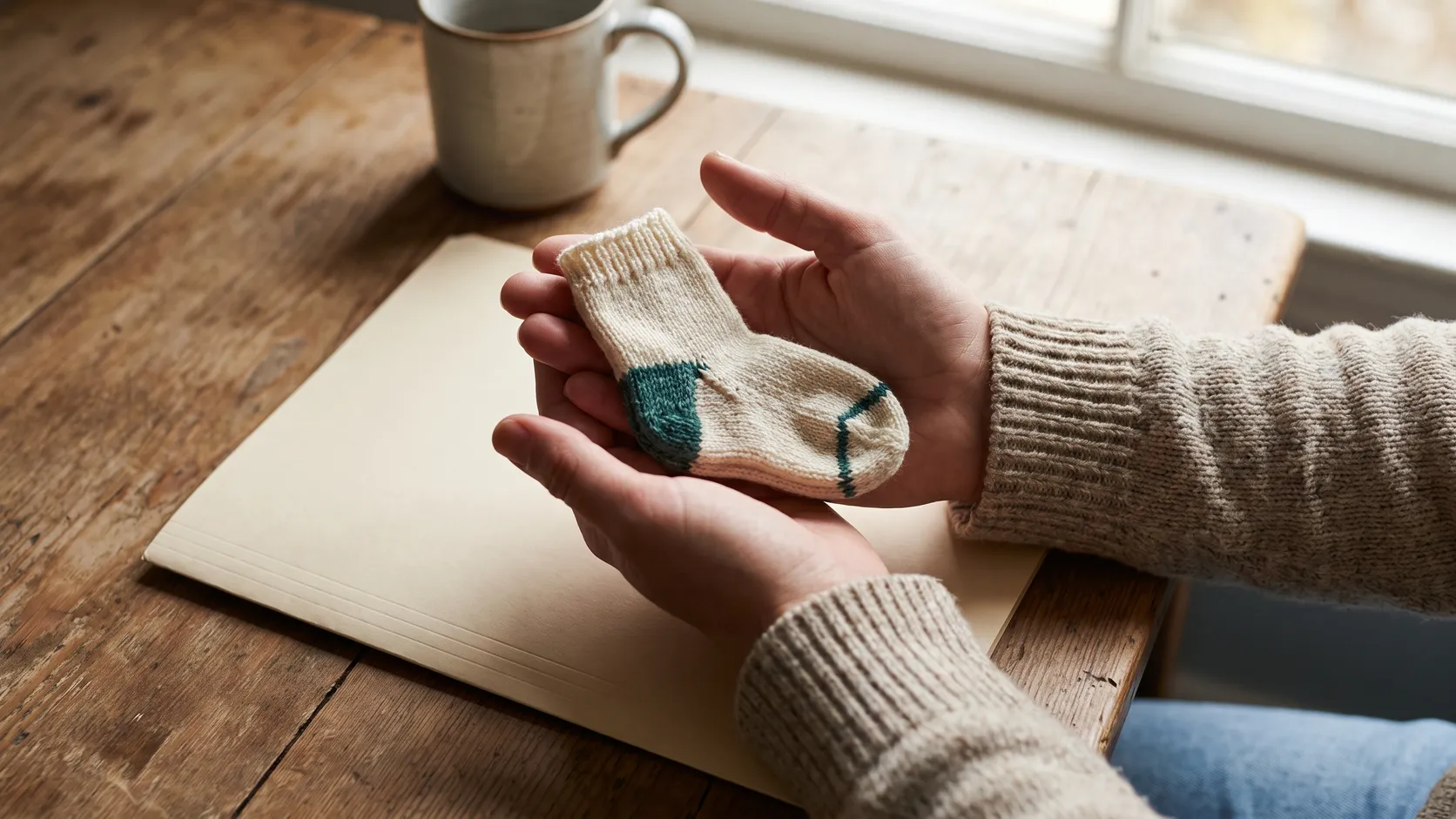 Två personer håller en liten babysocka över en mapp med dokument.
