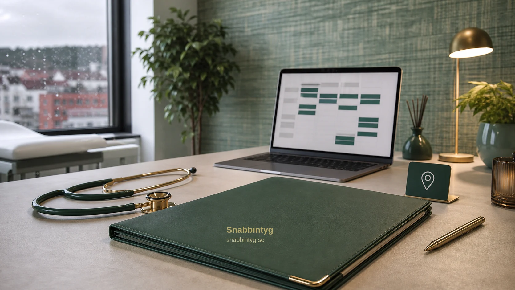 Klinikarbetsplats i Borås med bokningskalender och intygsmapp.