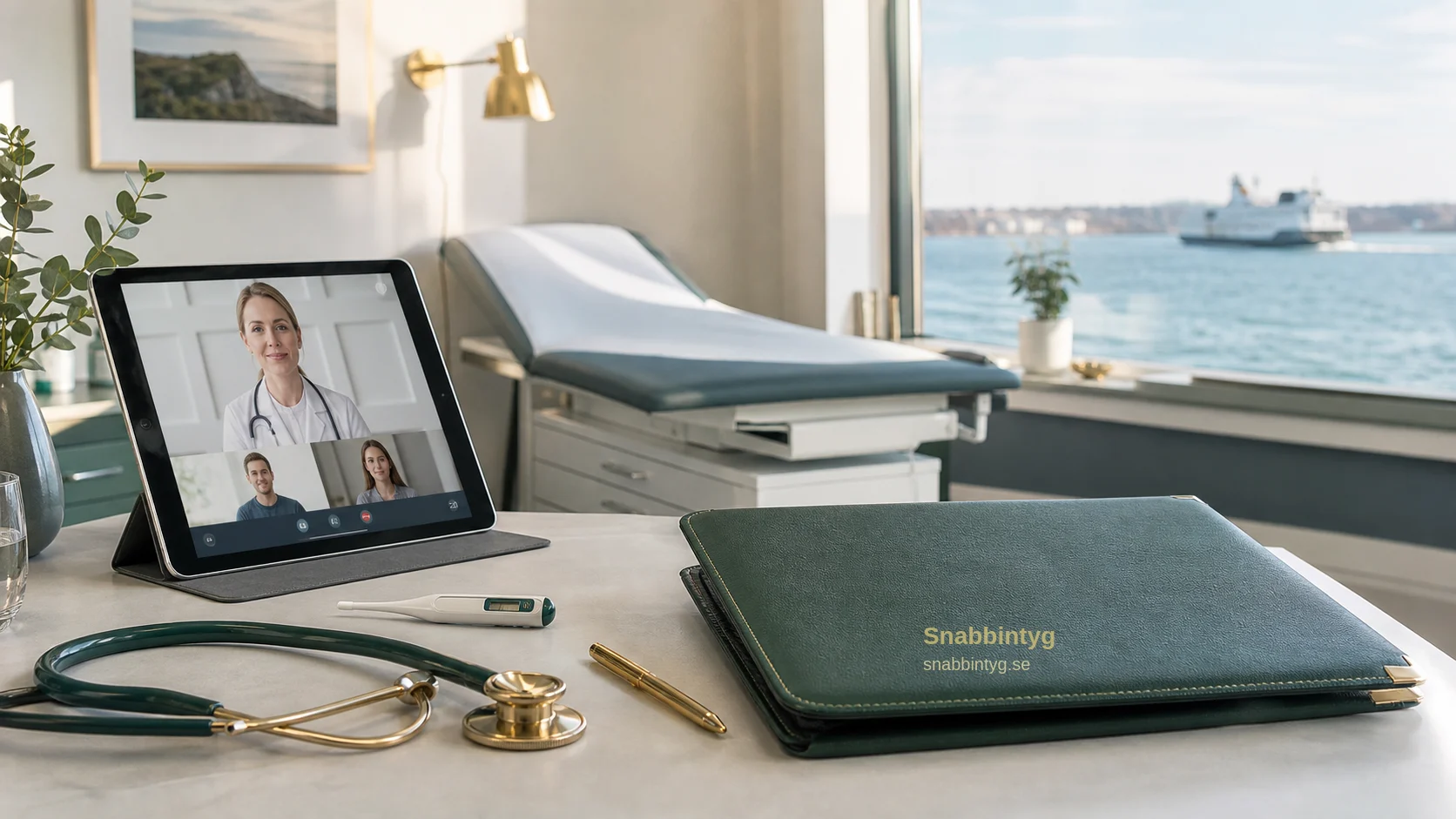 Kustnära klinikrum med grön intygsmapp.