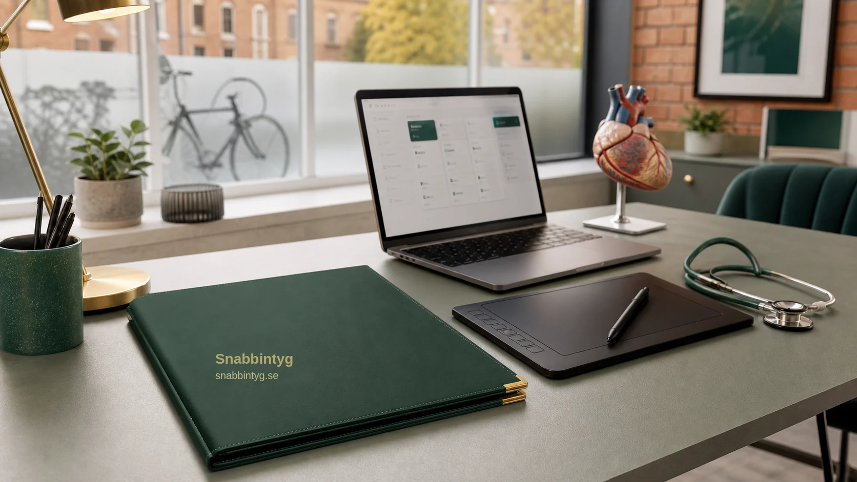 Medtech-inspirerad klinikmiljö i Linköping med intygsmapp och digital bokning.