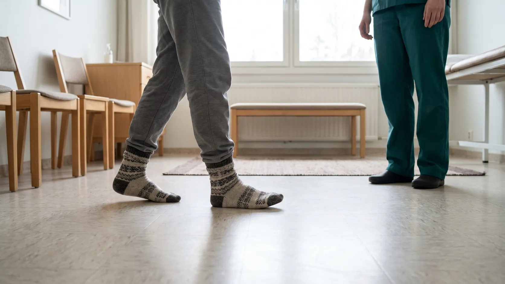 Patient går över golvet i ett undersökningsrum medan läkaren observerar gången.