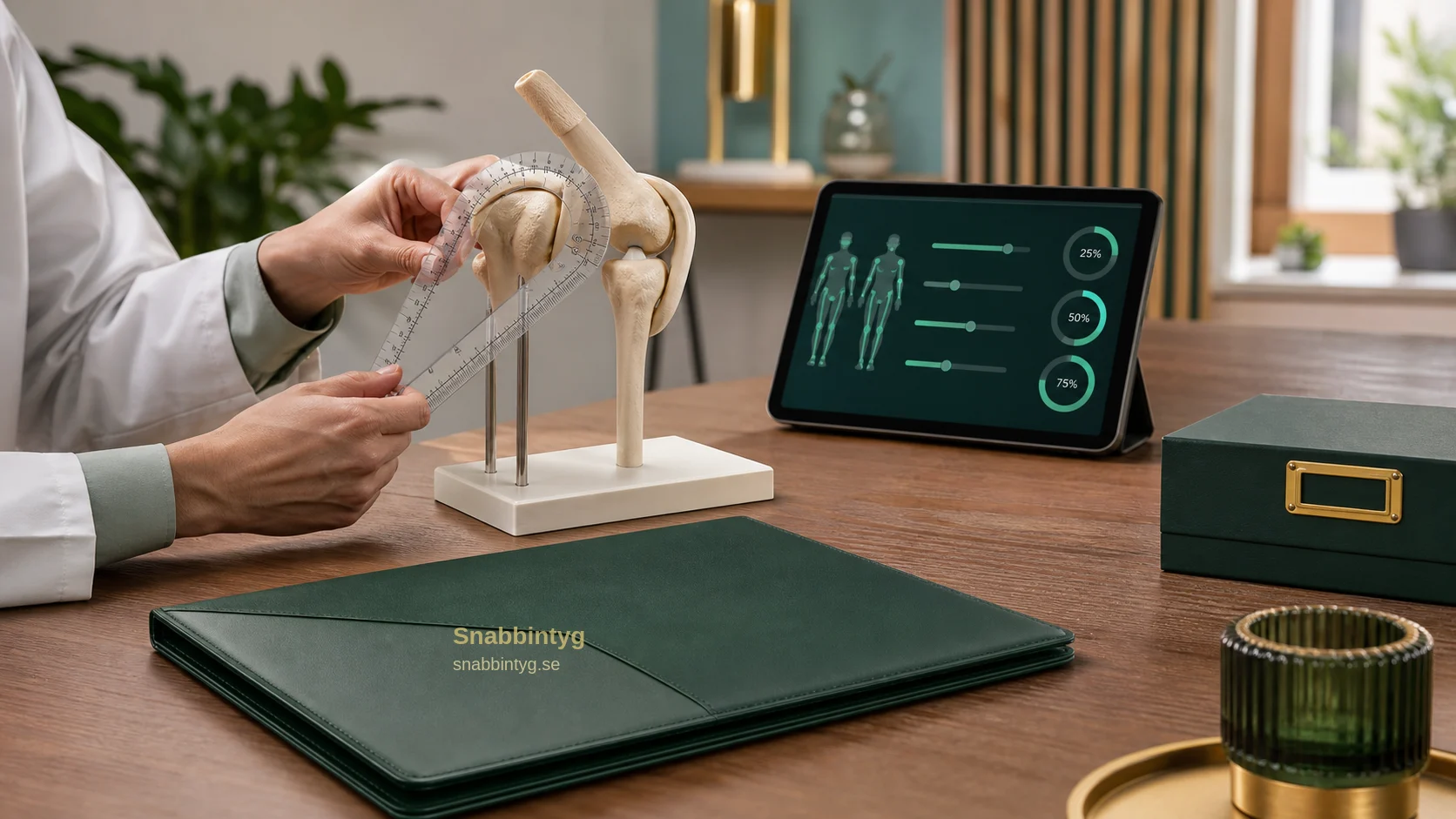 Mätning av rörelseomfång med goniometer och digitala procentsymboler.