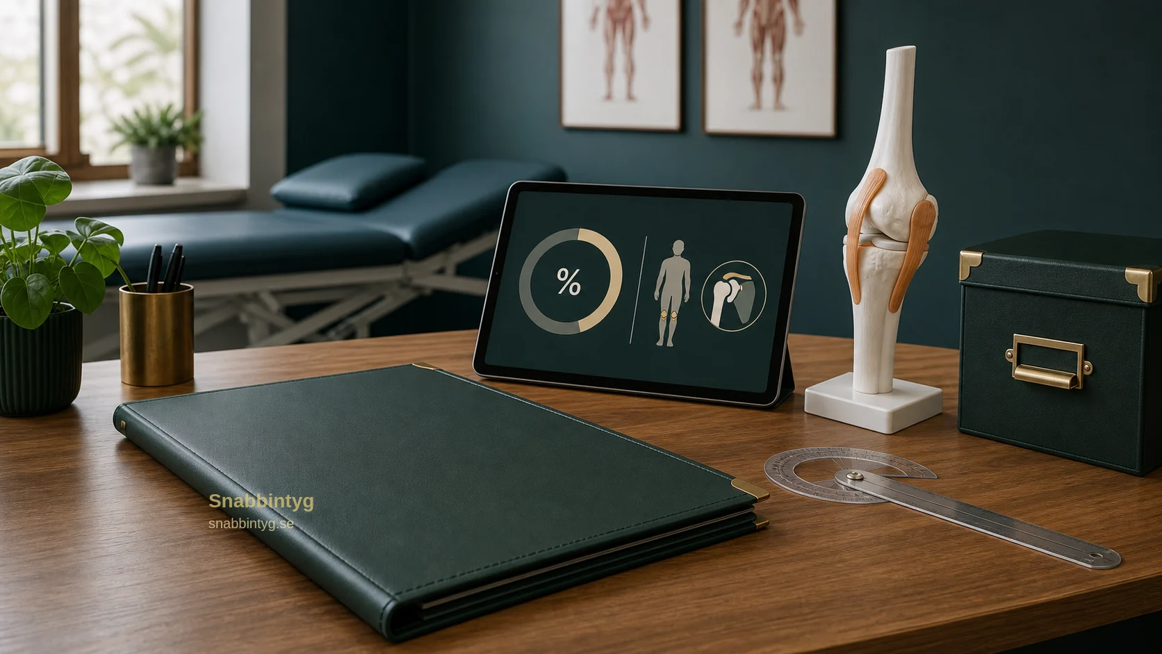 Medicinsk invaliditetsbedömning med procentindikator, ledmodell och intygsmapp.