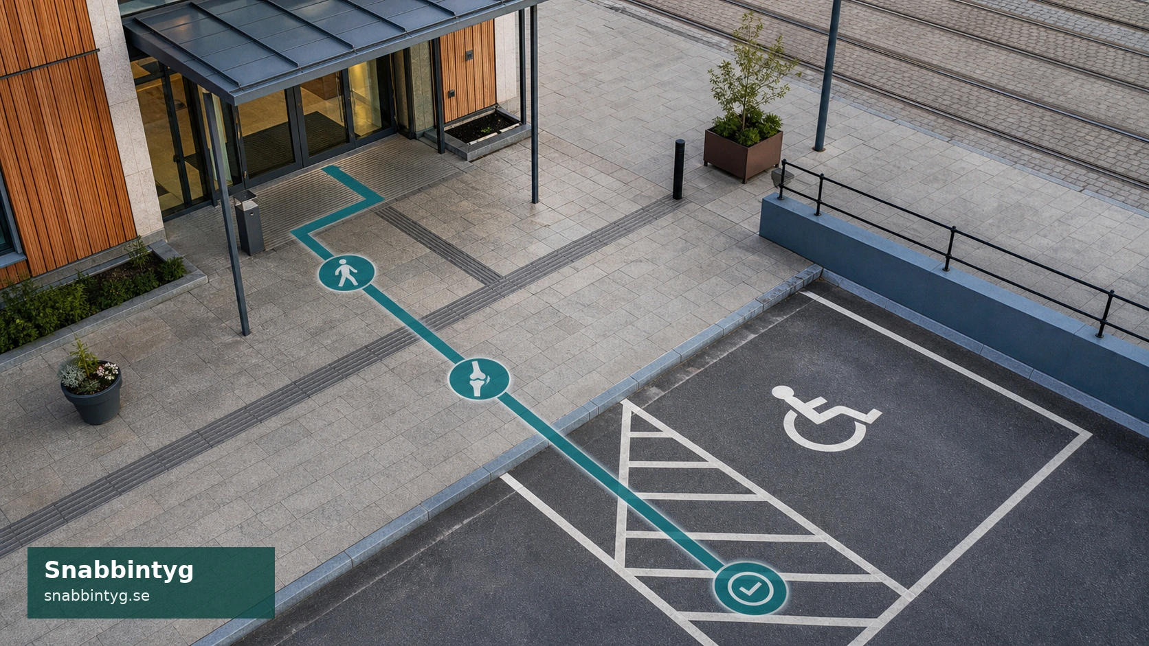 Tillgänglig parkeringsruta i stadsmiljö med markerad väg till vårdingång.