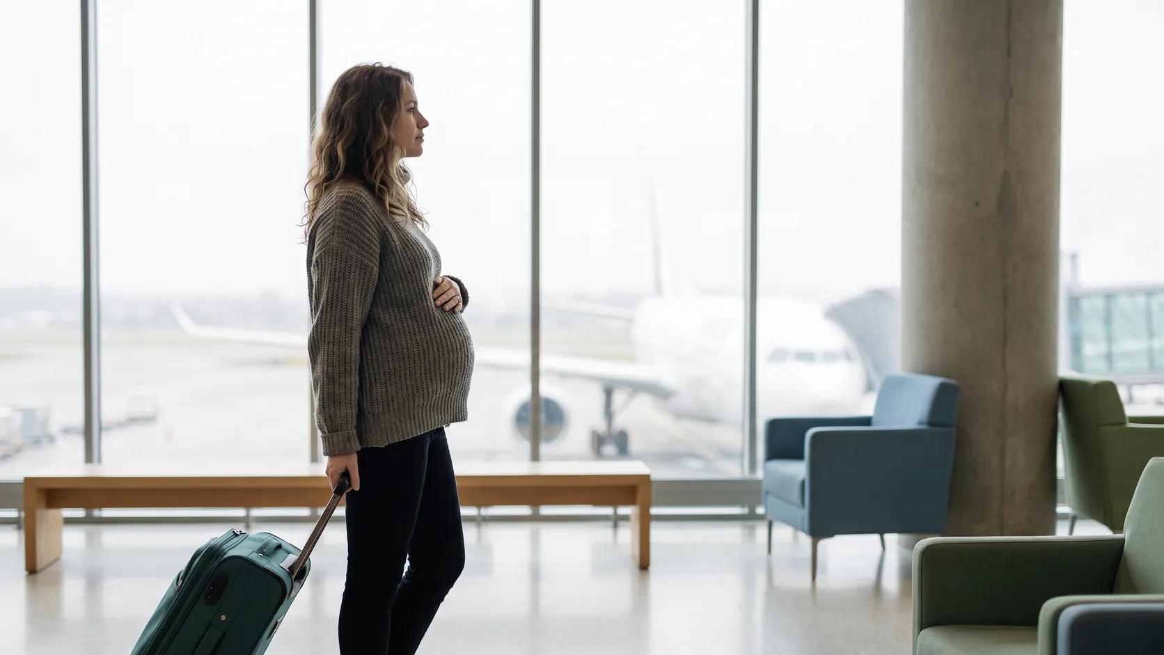 Gravid kvinna med kabinväska vid ett fönster på en flygplats.