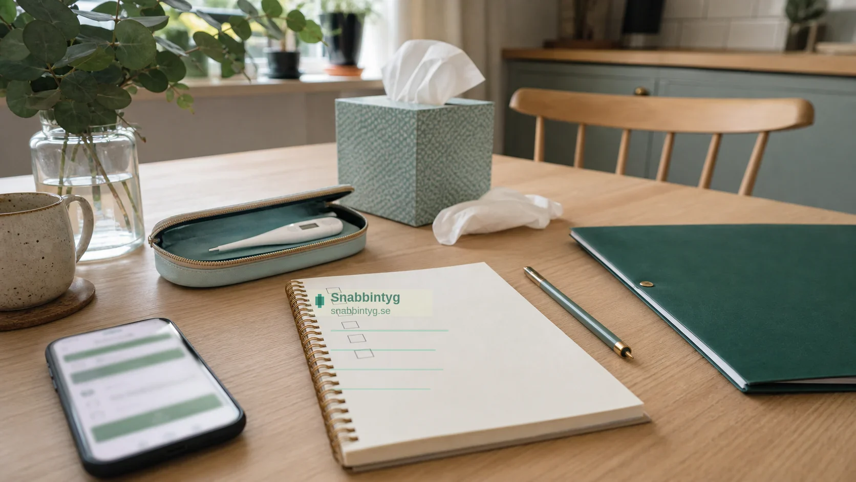 Checklista för sjukintyg i efterhand med markerade punkter och Snabbintyg-mapp.