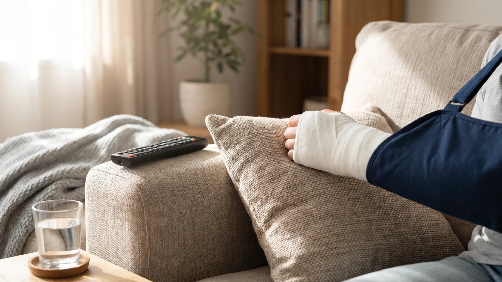 Arm i gips vilar i en mitella hemma i soffan.