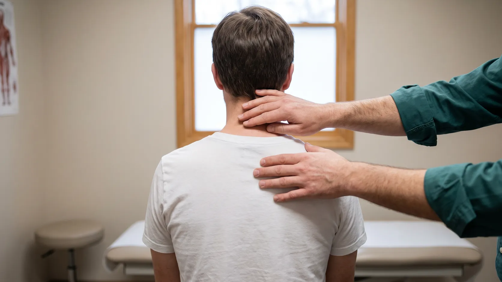 Läkare undersöker nacke och axel på en patient efter en trafikolycka.