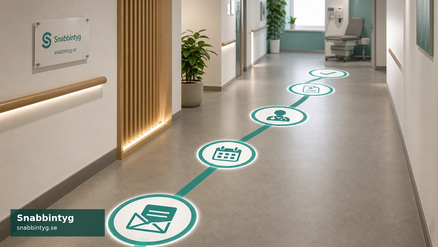 Klinikkorridor med upplyst steg-för-steg-väg från begäran till beslut.